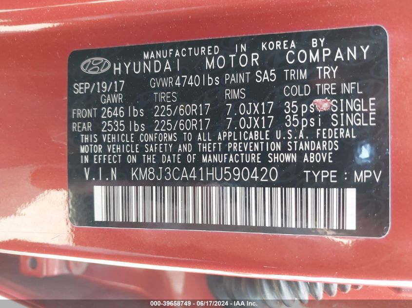 2017 Hyundai Tucson Se VIN: KM8J3CA41HU590420 Lot: 39658749