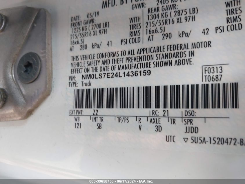 2020 Ford Transit Connect Xl VIN: NM0LS7E24L1436159 Lot: 39658750