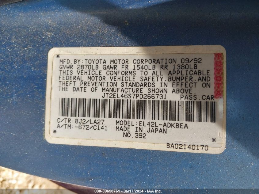 1993 Toyota Tercel Std VIN: JT2EL46S7P0266731 Lot: 39658761