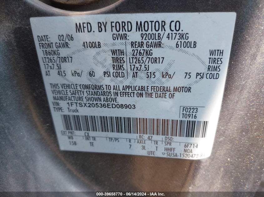 2006 Ford F-250 Lariat/Xl/Xlt VIN: 1FTSX20536ED08903 Lot: 39658770
