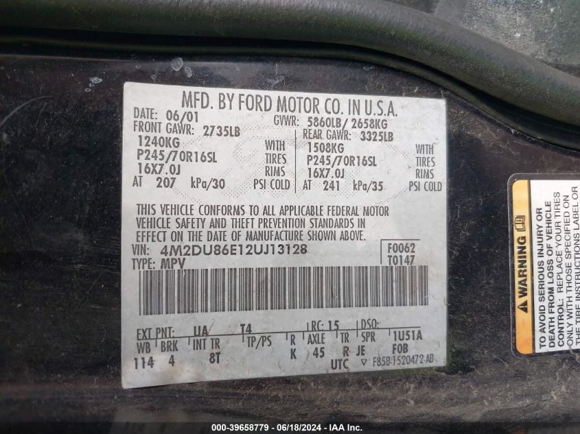 2002 Mercury Mountaineer VIN: 4M2DU86E12UJ13128 Lot: 39658779