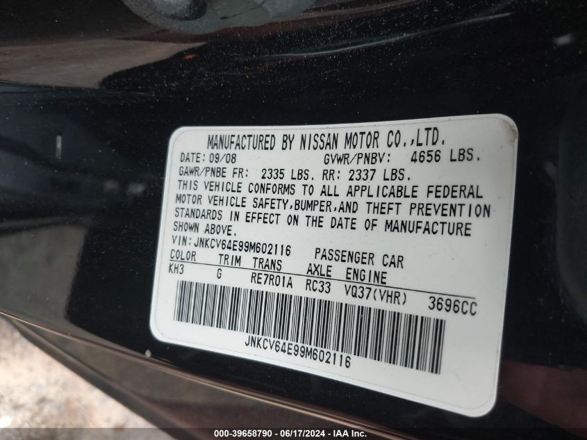 2009 Infiniti G37 Journey VIN: JNKCV64E99M602116 Lot: 39658790