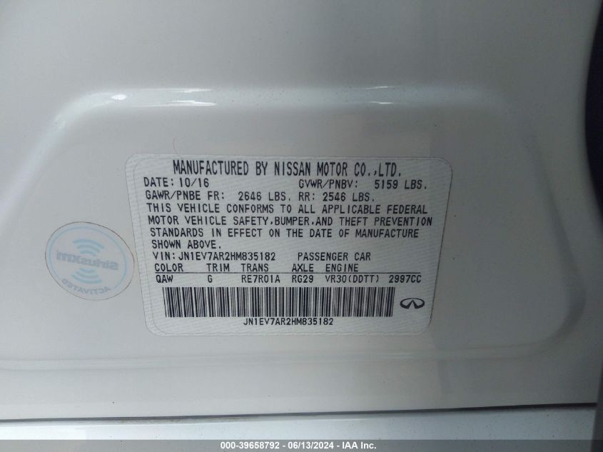 2017 Infiniti Q50 3.0T Sport VIN: JN1EV7AR2HM835182 Lot: 39658792