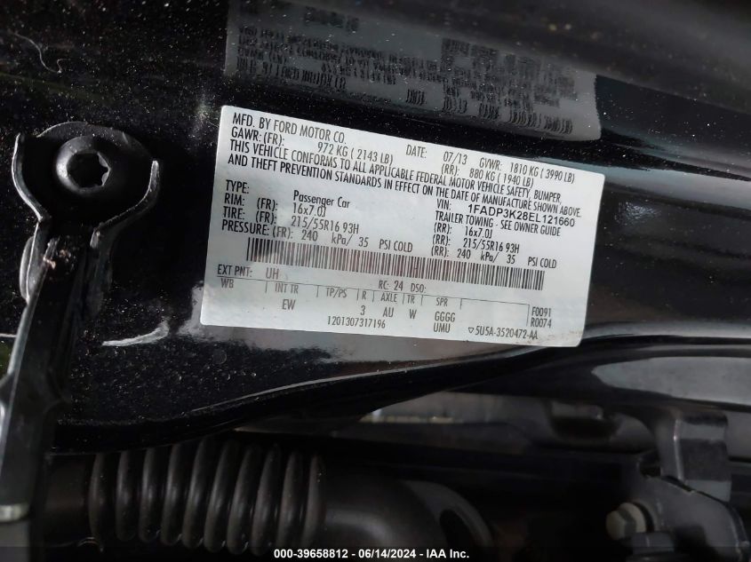 2014 Ford Focus Se VIN: 1FADP3K28EL121660 Lot: 39658812