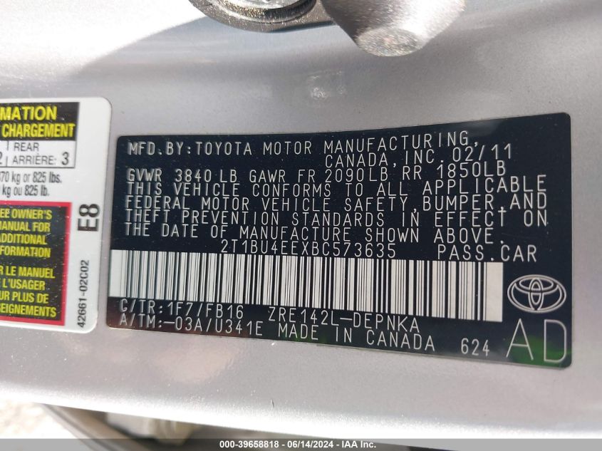 2011 Toyota Corolla Le VIN: 2T1BU4EEXBC573635 Lot: 39658818