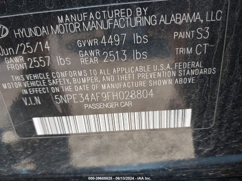 2015 Hyundai Sonata Limited VIN: 5NPE34AF9FH028804 Lot: 39658825