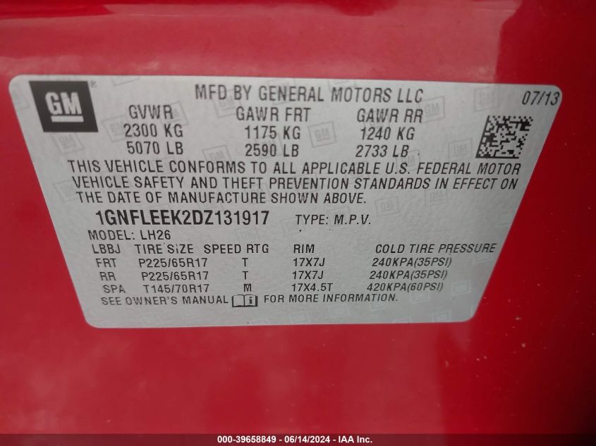 2013 Chevrolet Equinox 1Lt VIN: 1GNFLEEK2DZ131917 Lot: 39658849