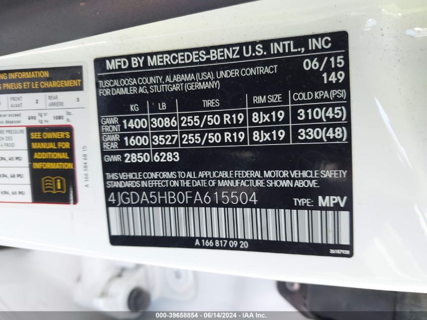 2015 Mercedes-Benz Ml 350 4Matic VIN: 4JGDA5HB0FA615504 Lot: 39658854