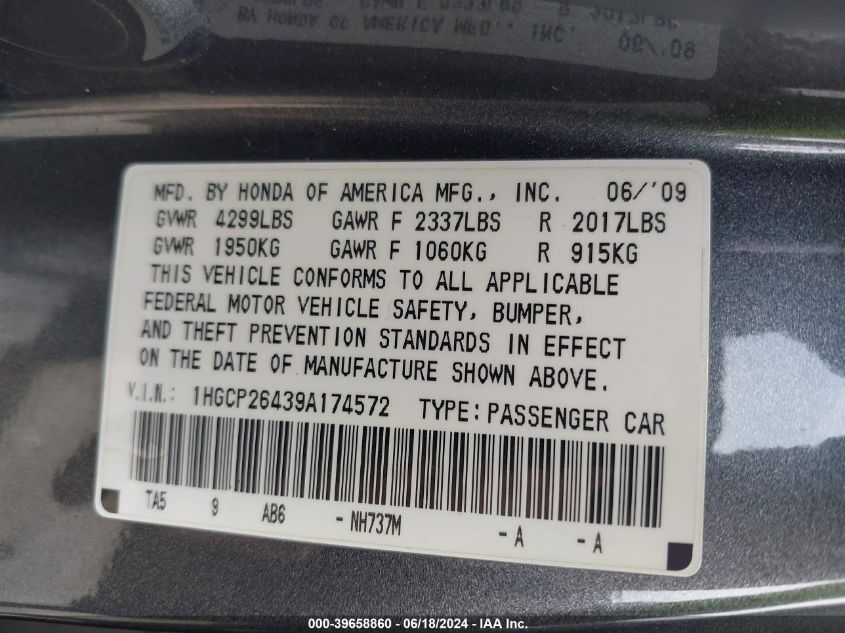 2009 Honda Accord 2.4 Lx-P VIN: 1HGCP26439A174572 Lot: 39658860