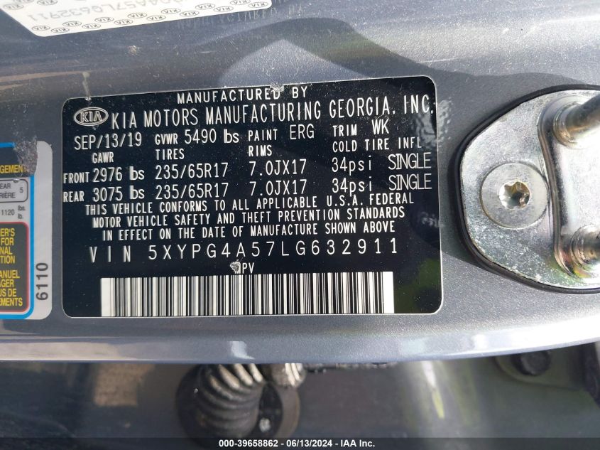 2020 Kia Sorento 3.3L Lx VIN: 5XYPG4A57LG632911 Lot: 39658862