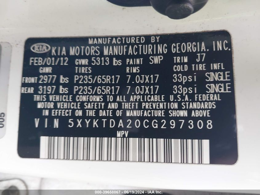 2012 Kia Sorento Lx V6 VIN: 5XYKTDA20CG297308 Lot: 39658867