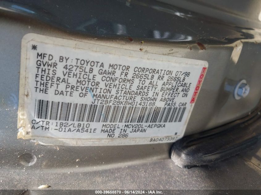 JT2BF28K8W0143188 | 1998 TOYOTA CAMRY