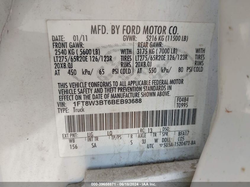 2011 Ford F-350 Lariat VIN: 1FT8W3BT6BEB93688 Lot: 39658871