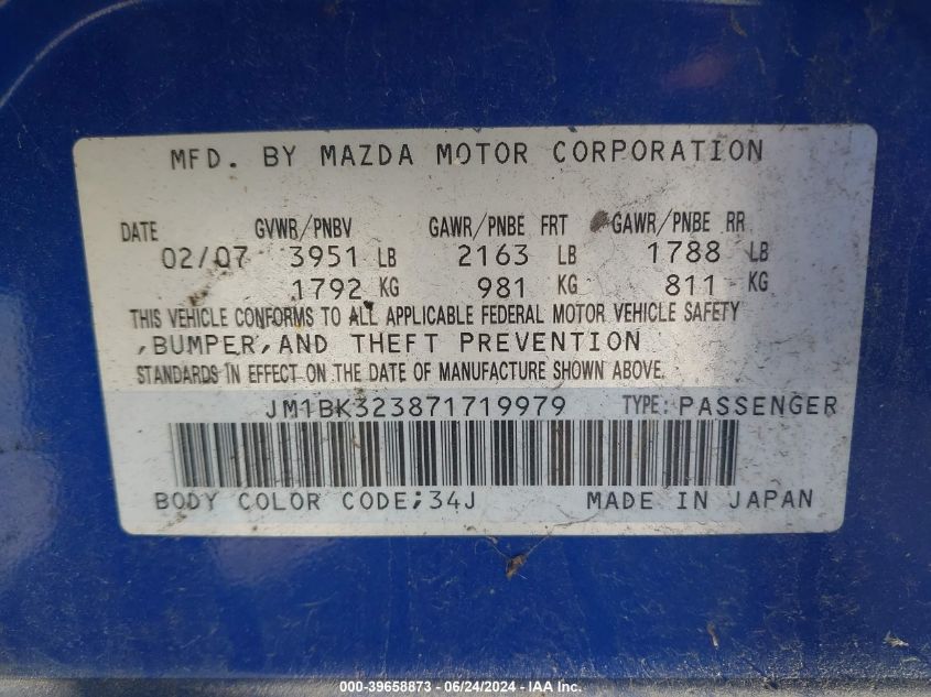 2007 Mazda Mazda3 S Sport VIN: JM1BK323871719979 Lot: 39658873