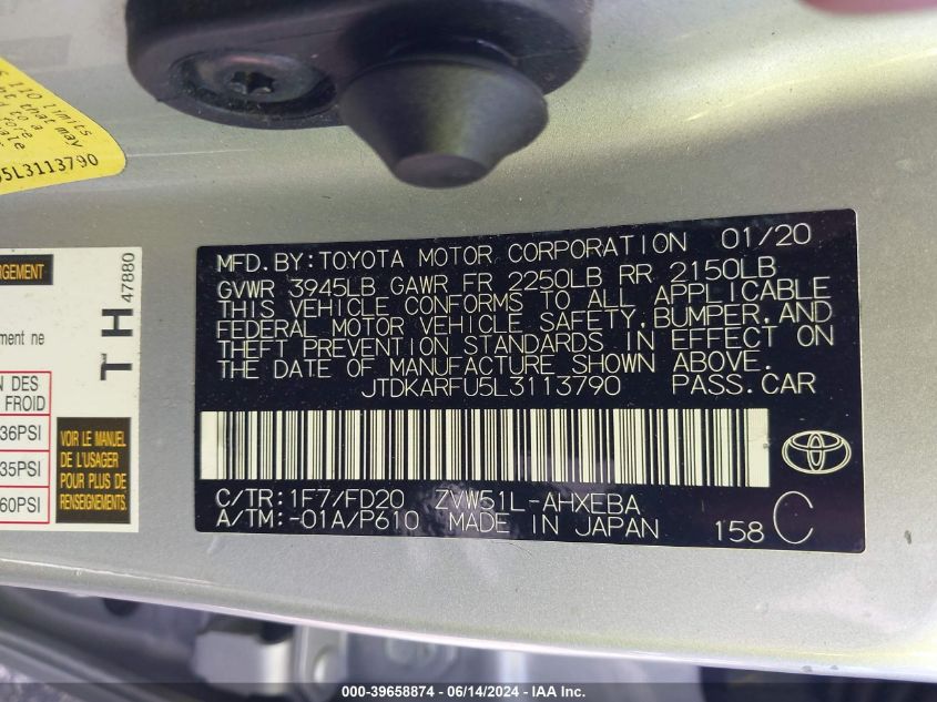 2020 Toyota Prius Le VIN: JTDKARFU5L3113790 Lot: 39658874