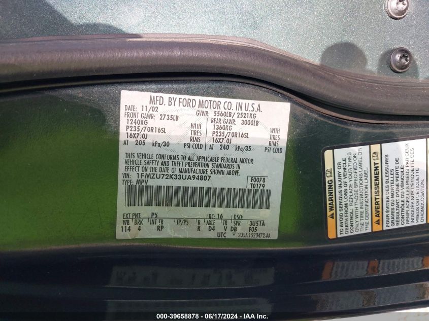 2003 Ford Explorer Xls VIN: 1FMZU72K33UA94807 Lot: 39658878