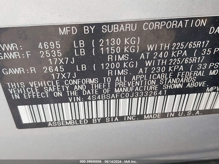 2018 Subaru Outback 2.5I Premium VIN: 4S4BSAFC0J3332641 Lot: 39658886