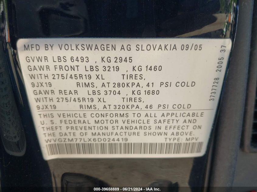 2006 Volkswagen Touareg V8 VIN: WVGZM77LX6D024419 Lot: 39658889