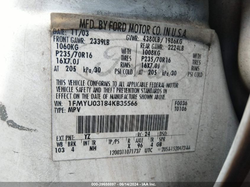 2004 Ford Escape Xlt VIN: 1FMYU03184KB35566 Lot: 39658897