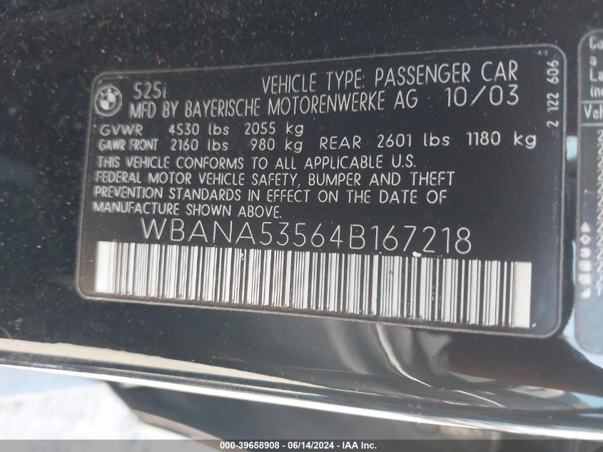 2004 BMW 525I VIN: WBANA53564B167218 Lot: 39658908