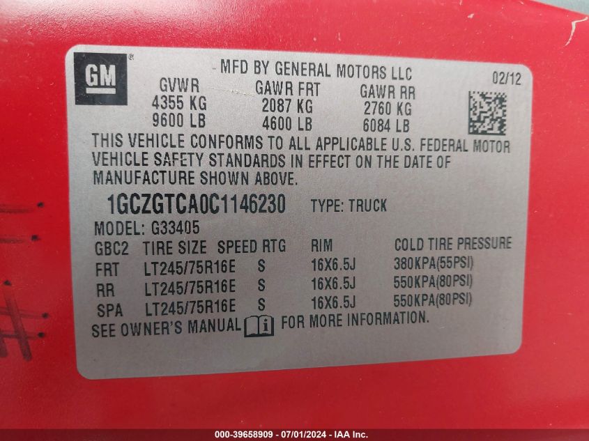 2012 Chevrolet Express 3500 Work Van VIN: 1GCZGTCA0C1146230 Lot: 39658909