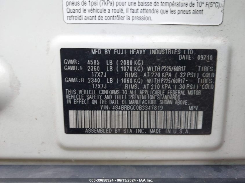 2011 Subaru Outback 2.5I Premium VIN: 4S4BRBGC0B3347819 Lot: 39658924