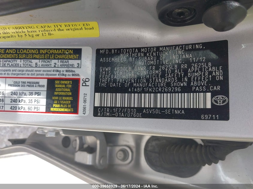 2012 Toyota Camry Le VIN: 4T4BF1FK2CR269296 Lot: 39658929