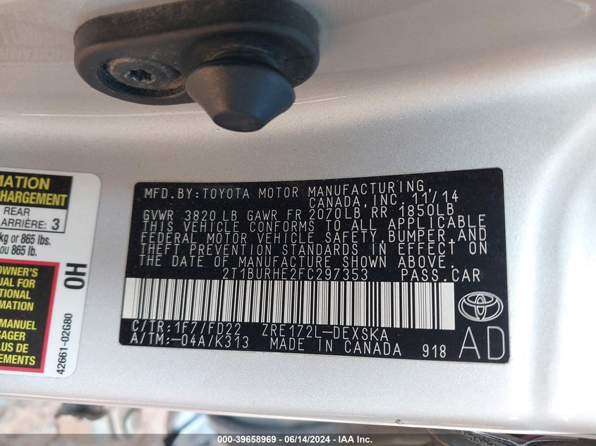 2015 Toyota Corolla S Plus VIN: 2T1BURHE2FC29735 Lot: 39658969