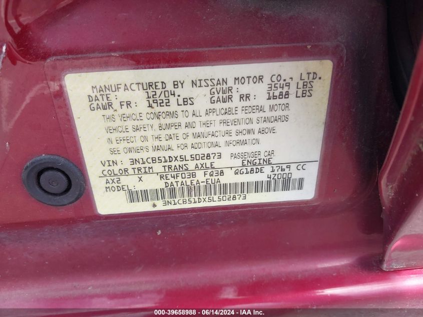 2005 Nissan Sentra 1.8S VIN: 3N1CB51DX5L502873 Lot: 39658988