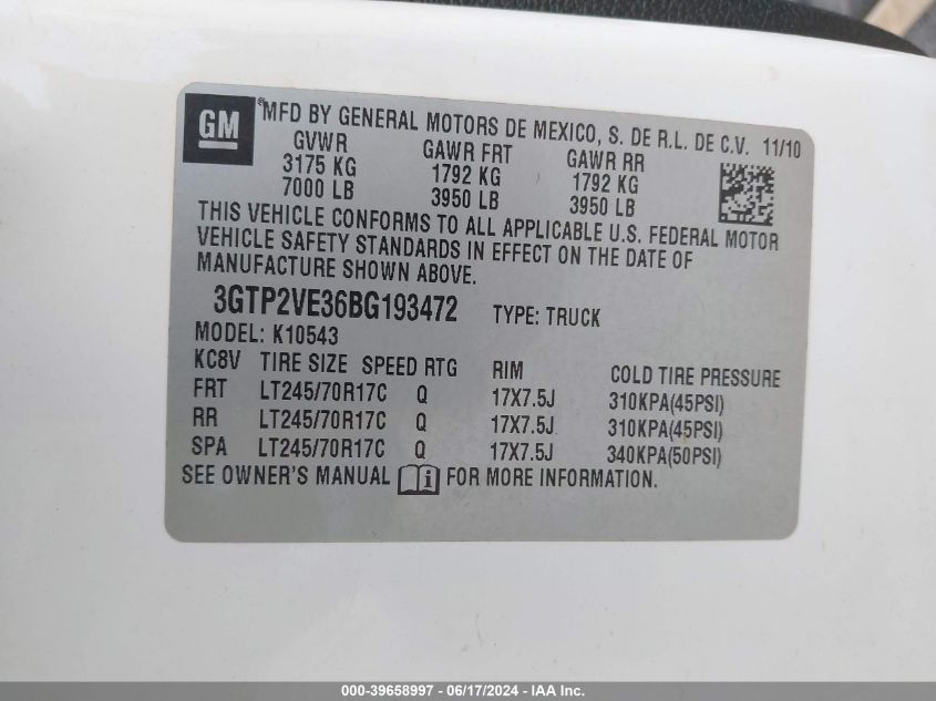 2011 GMC Sierra 1500 Sle VIN: 3GTP2VE36BG193472 Lot: 39658997