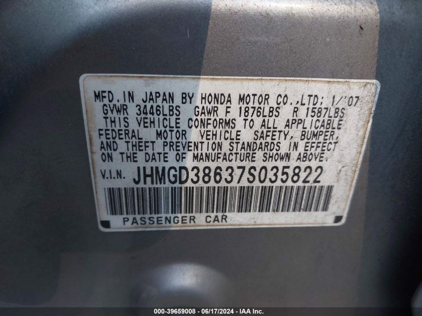 2007 Honda Fit Sport VIN: JHMGD38637S035822 Lot: 39659008