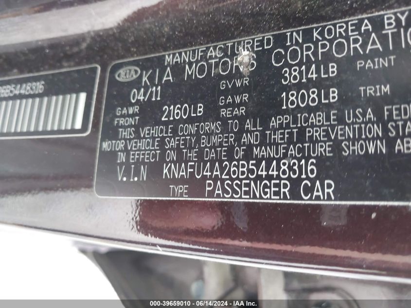 2011 Kia Forte Ex VIN: KNAFU4A26B5448316 Lot: 39659010