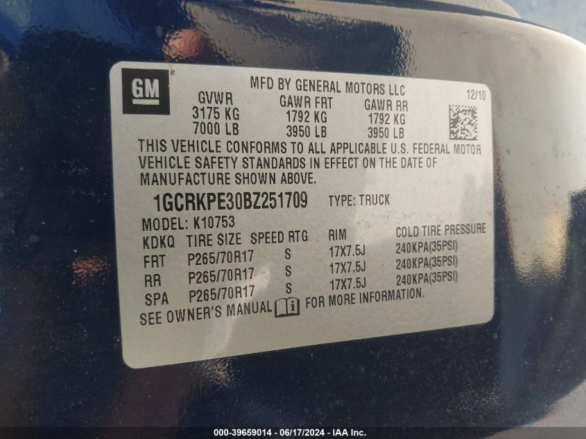 2011 Chevrolet Silverado 1500 Work Truck VIN: 1GCRKPE30BZ251709 Lot: 39659014