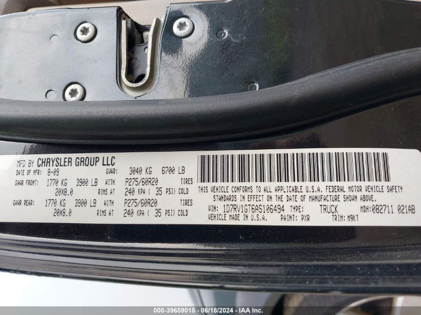 2010 Dodge Ram 1500 Slt/Sport/Trx VIN: 1D7RV1GT6AS106494 Lot: 39659015