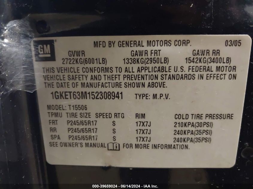 2005 GMC Envoy Denali VIN: 1GKET63M152308941 Lot: 39659024