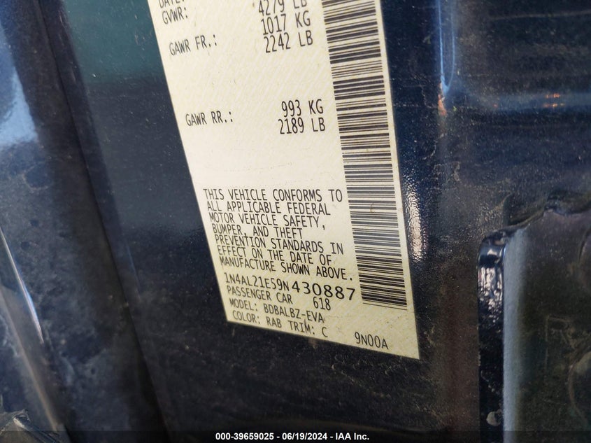 2009 Nissan Altima 2.5 S VIN: 1N4AL21E59N430887 Lot: 39659025