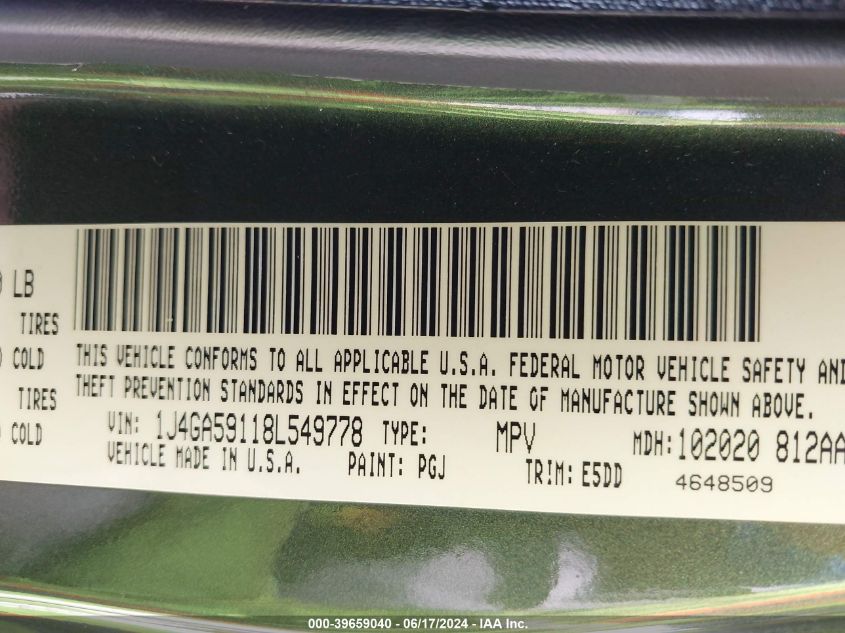 2008 Jeep Wrangler Unlimited Sahara VIN: 1J4GA59118L549778 Lot: 39659040