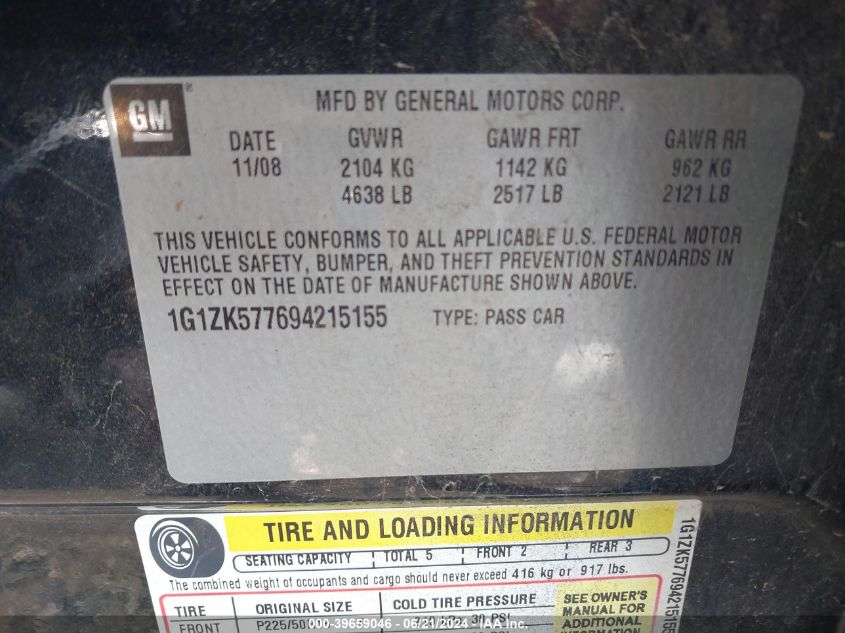 2009 Chevrolet Malibu Ltz VIN: 1G1ZK577694215155 Lot: 39659046