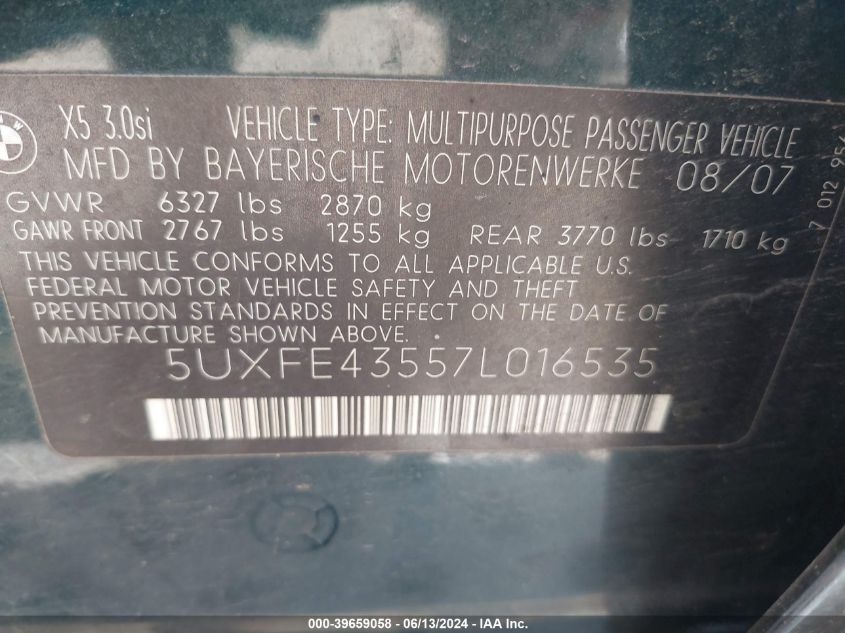 2007 BMW X5 3.0Si VIN: 5UXFE43557L016535 Lot: 39659058
