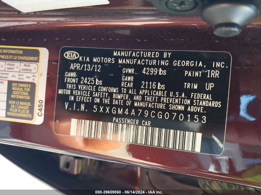 2012 Kia Optima Lx VIN: 5XXGM4A79CG070153 Lot: 39659060