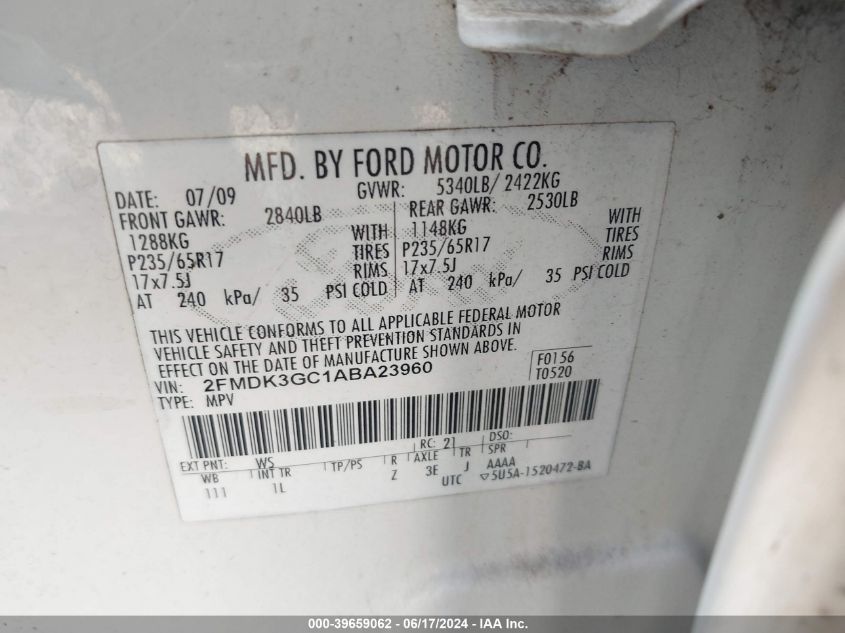 2010 Ford Edge Se VIN: 2FMDK3GC1ABA23960 Lot: 39659062