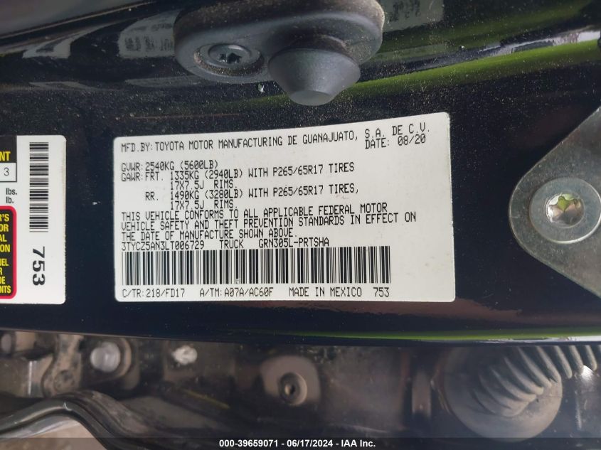 2020 Toyota Tacoma Trd Sport VIN: 3TYCZ5AN3LT006729 Lot: 39659071