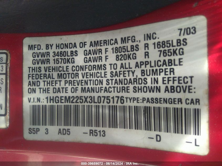 2003 Honda Civic Lx VIN: 1HGEM225X3L075176 Lot: 39659072
