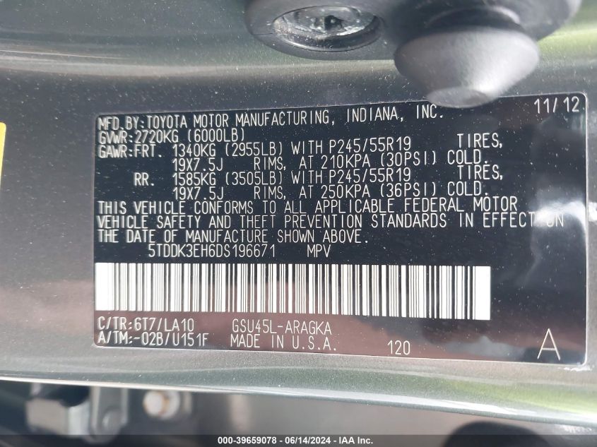 2013 Toyota Highlander Limited V6 VIN: 5TDDK3EH6DS196671 Lot: 39659078