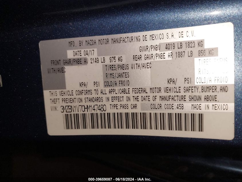 2017 Mazda Mazda3 Touring VIN: 3MZBN1V70HM147480 Lot: 39659087