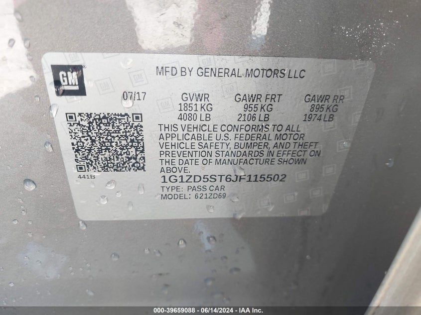 2018 Chevrolet Malibu Lt VIN: 1G1ZD5ST6JF115502 Lot: 39659088