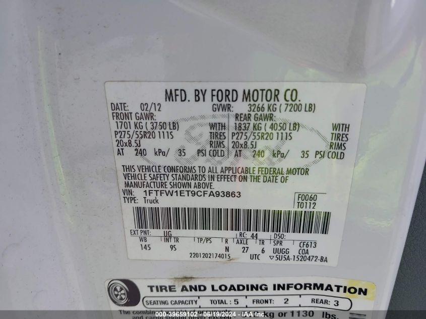 2012 Ford F150 Supercrew VIN: 1FTFW1ET9CFA93863 Lot: 39659102