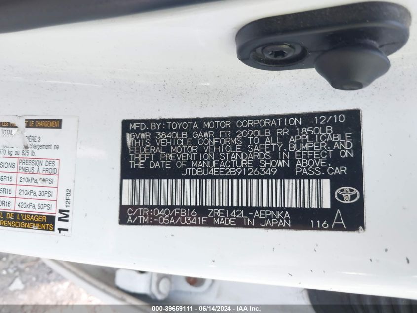 2011 Toyota Corolla Le VIN: JTDBU4EE2B9126349 Lot: 39659111