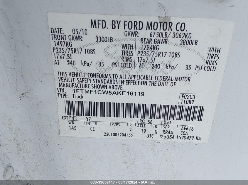 2010 Ford F-150 Stx/Xl/Xlt VIN: 1FTMF1CW5AKE16119 Lot: 39659117