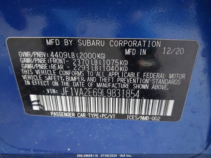 2020 Subaru Wrx Sti VIN: JF1VA2E69L9831854 Lot: 39659118